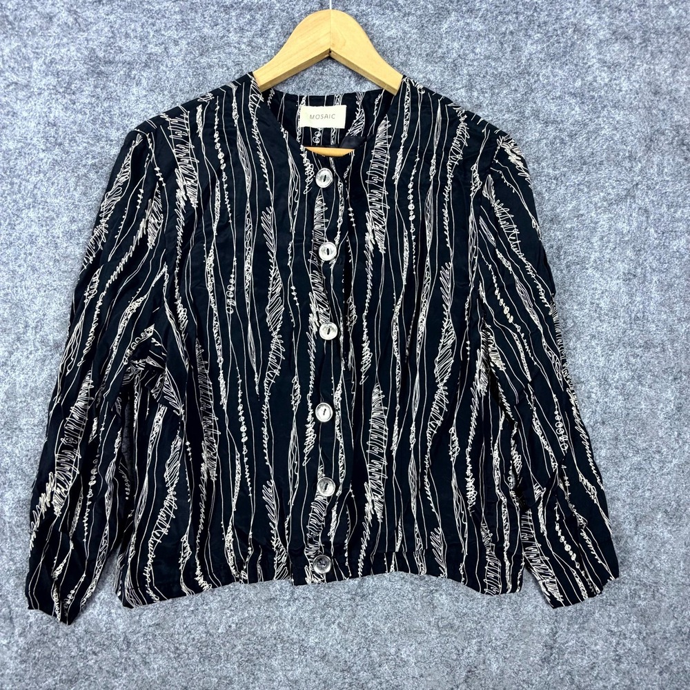 Mosaic Shirt Womens Black Abstract Striped Button Front Artsy Indie Funky
